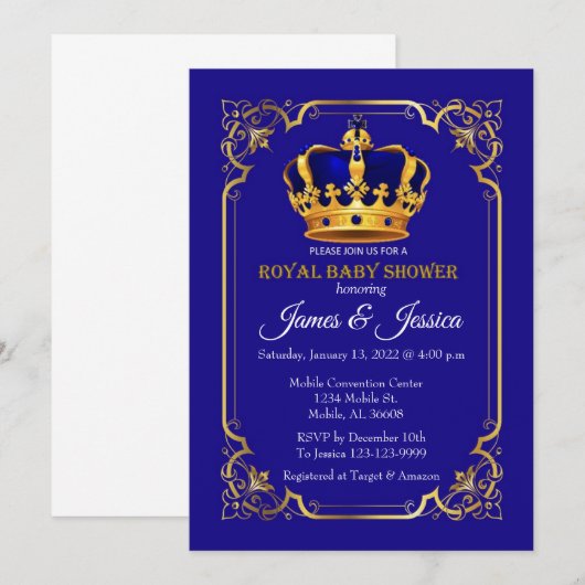 Baby shower van Royal Blue en Gold Prince Kaart (Voorkant / Achterkant)