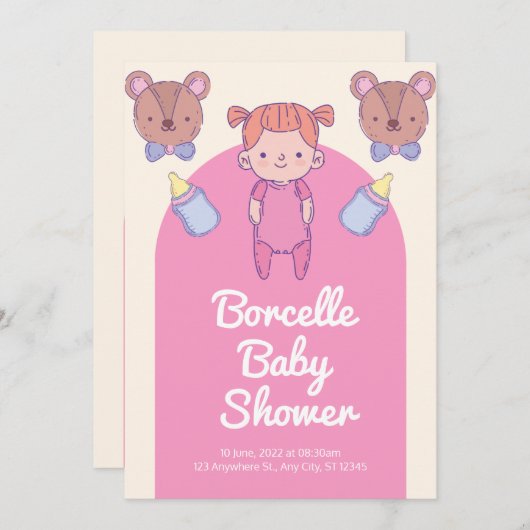Baby shower van roze en bruin Beer Kaart (Voorkant / Achterkant)