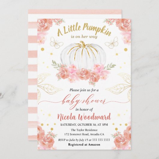 Baby shower van roze en goudflessen kaart (Voorkant / Achterkant)