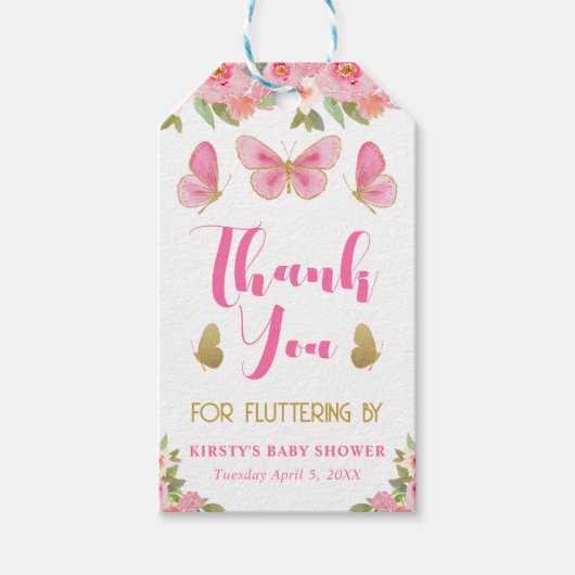 Baby shower van roze en goudvlinder cadeaulabel (Voorkant)