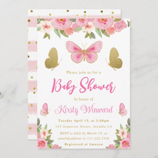 Baby shower van roze en goudvlinder kaart (Voorkant / Achterkant)