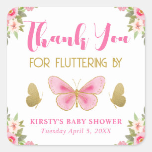 Baby shower van roze en goudvlinder vierkante sticker