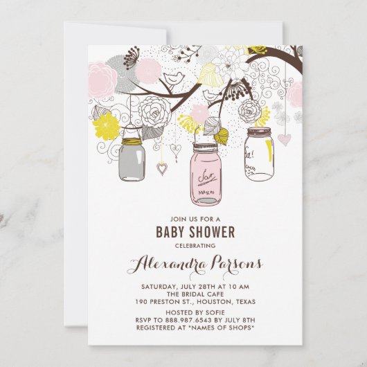 Baby shower van roze en grijze Mason Jars en Flowe Kaart (Voorkant)