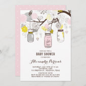 Baby shower van roze en grijze Mason Jars en Flowe Kaart (Voorkant / Achterkant)