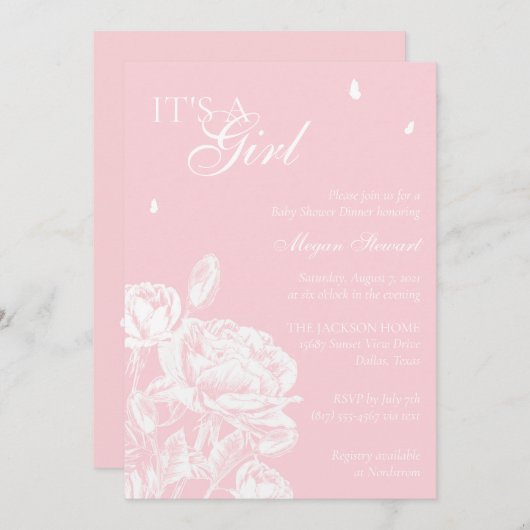 Baby shower van roze en witte vlindervlinder kaart (Voorkant / Achterkant)