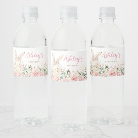 Baby shower van roze Floral Bunny Rabbit Waterfles Etiket (Flessen)
