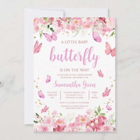 Baby shower van roze Floral Butterfly Kaart (Voorkant)