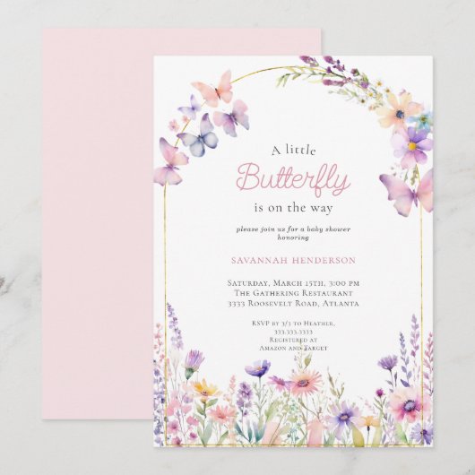 Baby shower van roze Floral Butterfly Kaart (Voorkant / Achterkant)