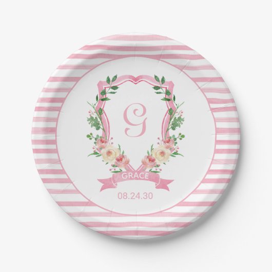 Baby shower van roze Floral Crest Bord (Voorkant)