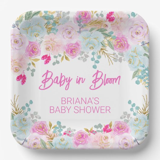 Baby shower van roze Floral Girl Papieren Bordje (Voorkant)