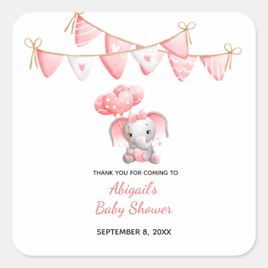 Baby shower van roze olifantenballonnen vierkante sticker (Voorkant)