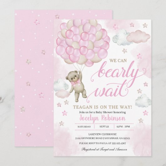 Baby shower van roze Teddy Bear-ballonnen Kaart (Voorkant / Achterkant)