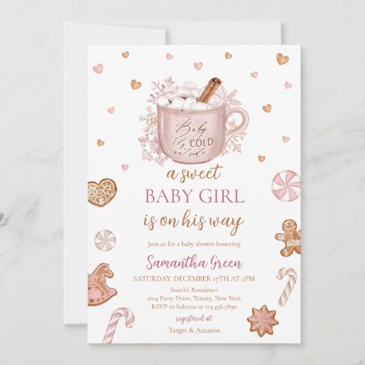 Baby shower van roze wintermeisje kaart (Voorkant)
