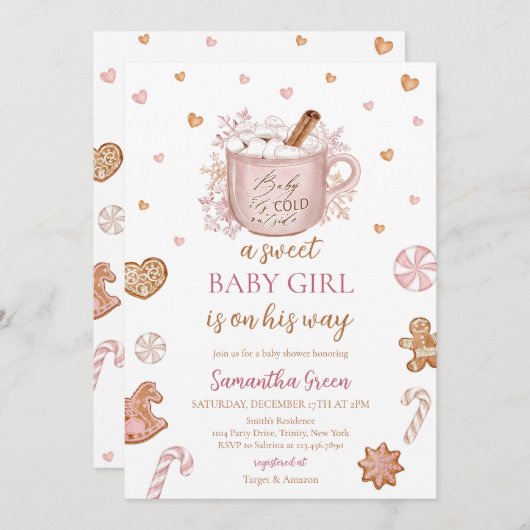 Baby shower van roze wintermeisje kaart (Voorkant / Achterkant)