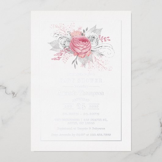 Baby shower van roze, zilver en witte Florence Folie Uitnodiging (Voorkant)