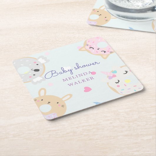 baby shower van schattig dier donuteert monogram kartonnen onderzetters (Schuin)