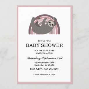 Baby shower van Sloth Rainbow Mauve Baby Girl Kaart