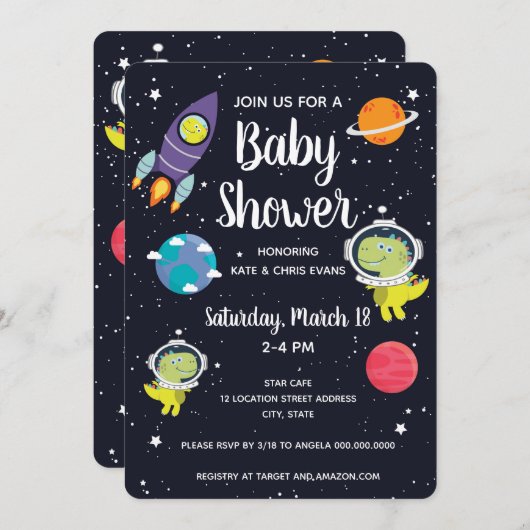 Baby shower van Space Dinosaur Galaxy Kaart (Voorkant / Achterkant)