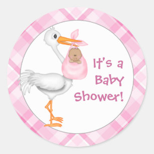 Baby shower van Stork & Baby Girl (donkerder huid) Ronde Sticker