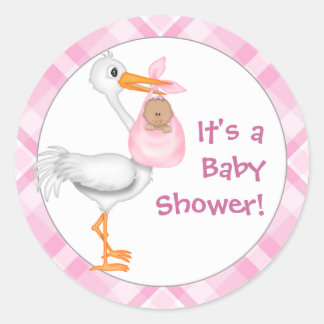 Baby shower van Stork & Baby Girl (donkerder huid) Ronde Sticker