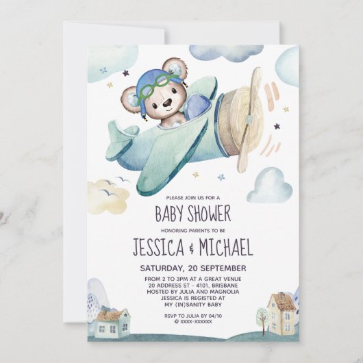Baby shower van Teddy Bear Airplane Kaart (Voorkant)