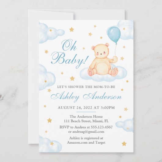 Baby shower van Teddy Bear Blue-ballon Kaart (Voorkant)