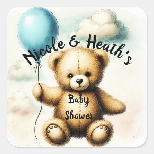 Baby shower van Teddy Bear Blue-ballon Vierkante Sticker (Voorkant)