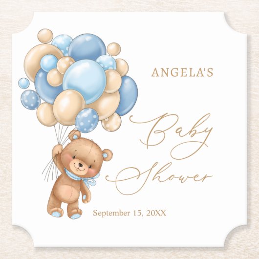 Baby shower van Teddy Bear Blue-ballonnen Kartonnen Onderzetters (Voorkant)
