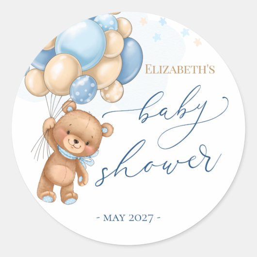 Baby shower van Teddy Bear Blue-ballonnen Ronde Sticker (Voorkant)