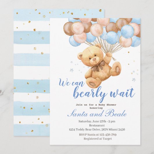 Baby shower van Teddy Bear en Balloons Kaart (Voorkant / Achterkant)