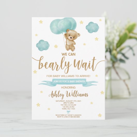 Baby shower van Teddy Bear en Blue Balloons Kaart (Staand voorkant)