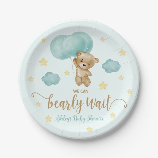 Baby shower van Teddy Bear en Blue Balloons Papieren Bordje (Voorkant)