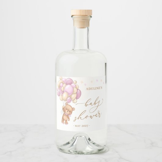 Baby shower van Teddy Bear Pink-ballonnen Likeurfles Etiket (Voorkant)