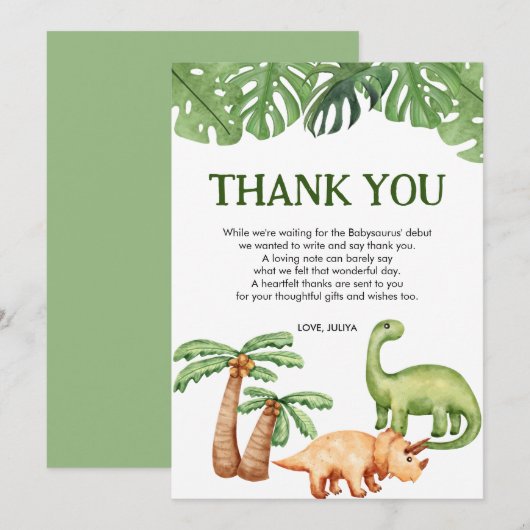 Baby shower van Tropical Dinosaur Boy Bedankkaart (Voorkant / Achterkant)