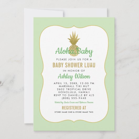 Baby shower van Tropisch Groen Goud Pineappel Luau Kaart (Voorkant)
