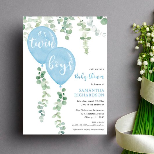 Baby shower van twee jongens met eucalyptusblauw kaart