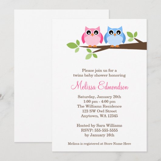Baby shower van Twin Girl Boy Owls Tree Branch Kaart (Voorkant / Achterkant)