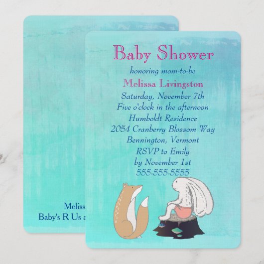 Baby shower van Whimsical Fox en Rabbit Turquoise Kaart (Voorkant / Achterkant)