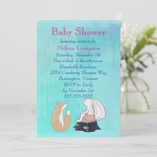 Baby shower van Whimsical Fox en Rabbit Turquoise Kaart (Staand voorkant)