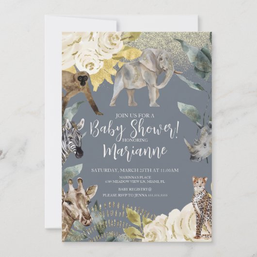 Baby shower van wilde dieren Glitter Dusty Blue Kaart (Voorkant)