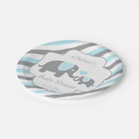 Baby shower van witte, blauwe en grijze stripjes papieren bordje (Gekanteld)