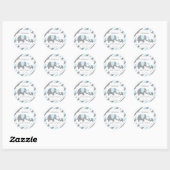 Baby shower van witte, blauwe en grijze stripjes ronde sticker (Vel)