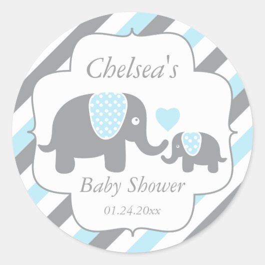 Baby shower van witte, blauwe en grijze stripjes ronde sticker (Voorkant)