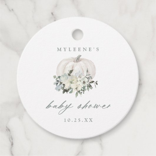 Baby shower van witte en grijze pompoen bedankjes labels (Voorkant)