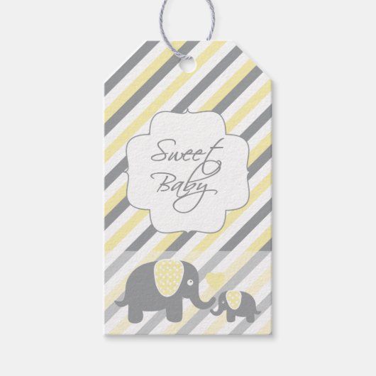 Baby shower van witte, gele en grijze stripjes cadeaulabel (Voorkant)
