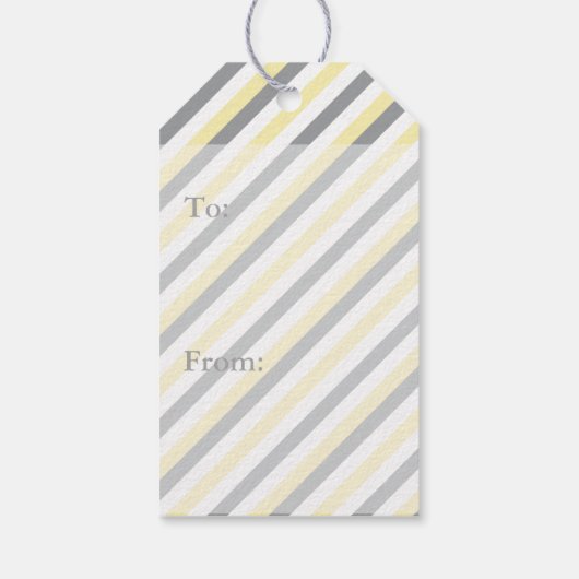 Baby shower van witte, gele en grijze stripjes cadeaulabel (Achterkant)