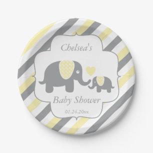 Baby shower van witte, gele en grijze stripjes papieren bordje