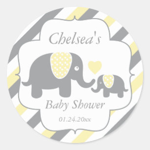 Baby shower van witte, gele en grijze stripjes ronde sticker