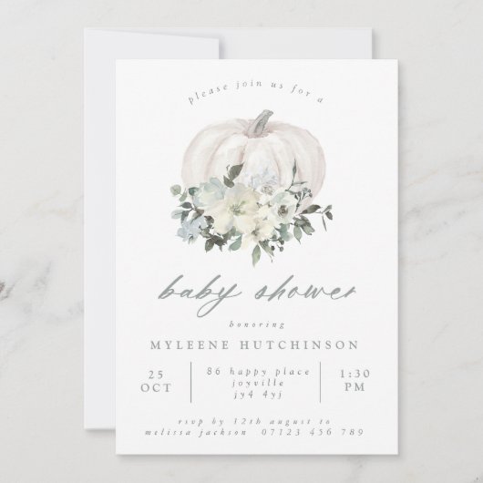 Baby shower van witte pompoen en bloemen kaart (Voorkant)