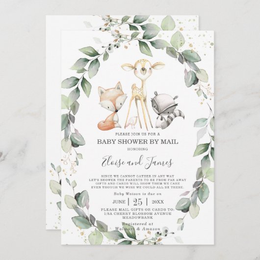 Baby shower van Woodland Animals Greenery per Mail Kaart (Voorkant / Achterkant)